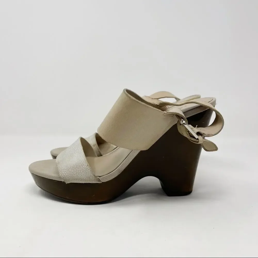 Franco Sarto Womens Size 6.5 Georgette Leather Wedge Sandal Heels Cream Bown